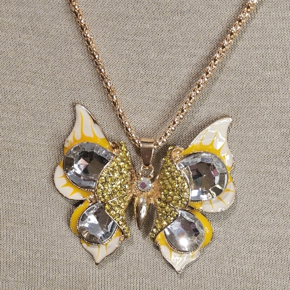 NWT YELLOW n RHINESTONE BUTTERFLY STATEMENT NECKLACE - Picture 1 of 3